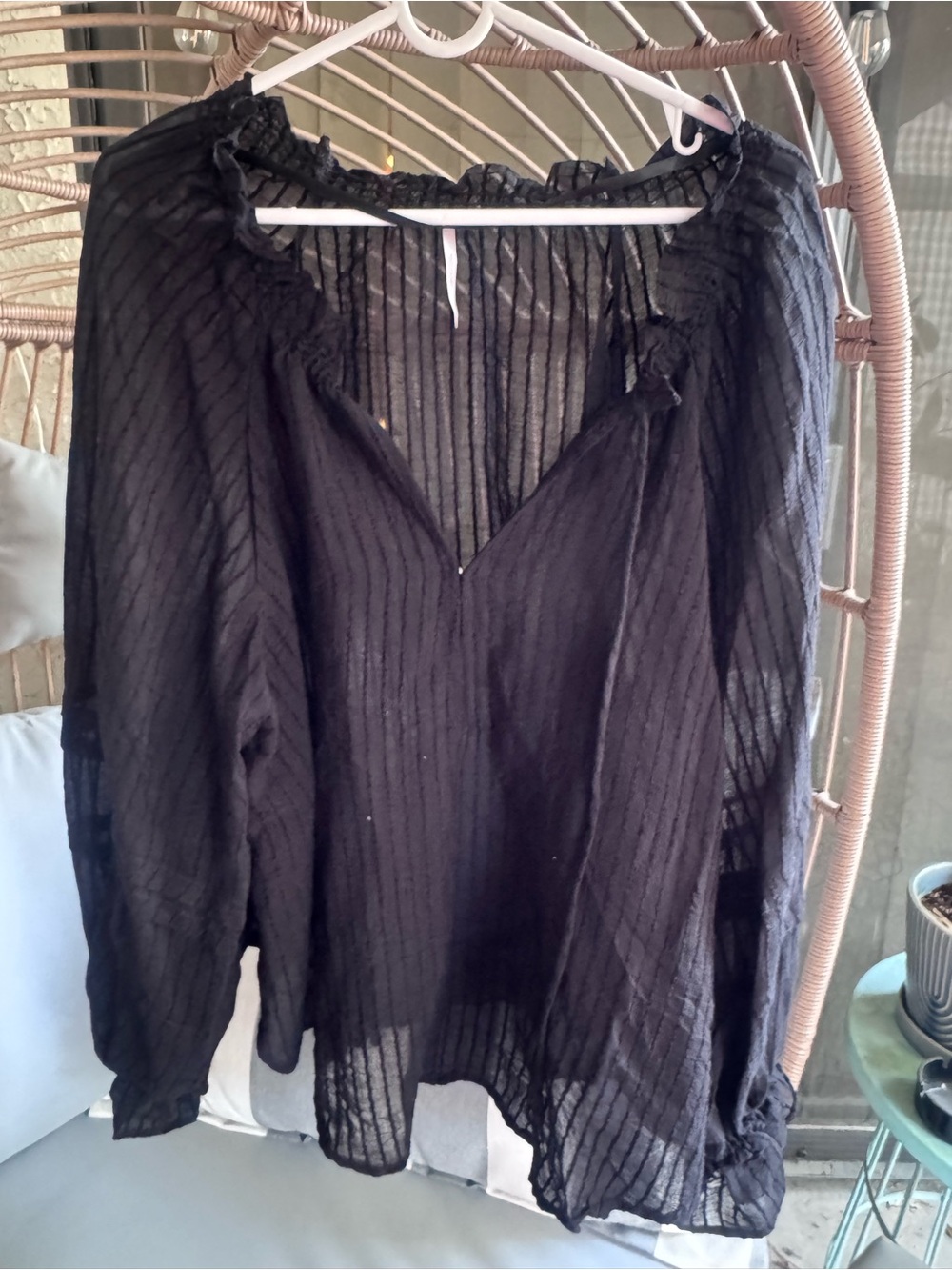 Free People Black Sheer Striped Peasant Blouse